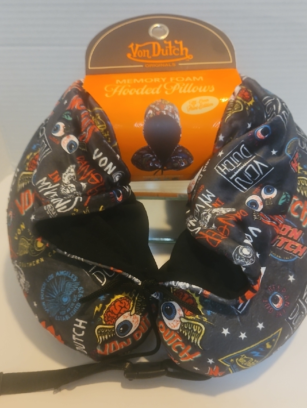 Von Dutch Black Hooded Travel Pillow with Colorful Graphic Print
